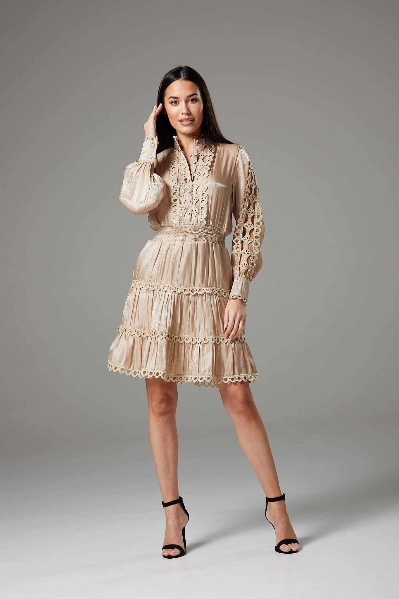 Long Sleeve Beige Dress with Fancy Lace