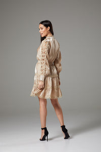 Long Sleeve Beige Dress with Fancy Lace