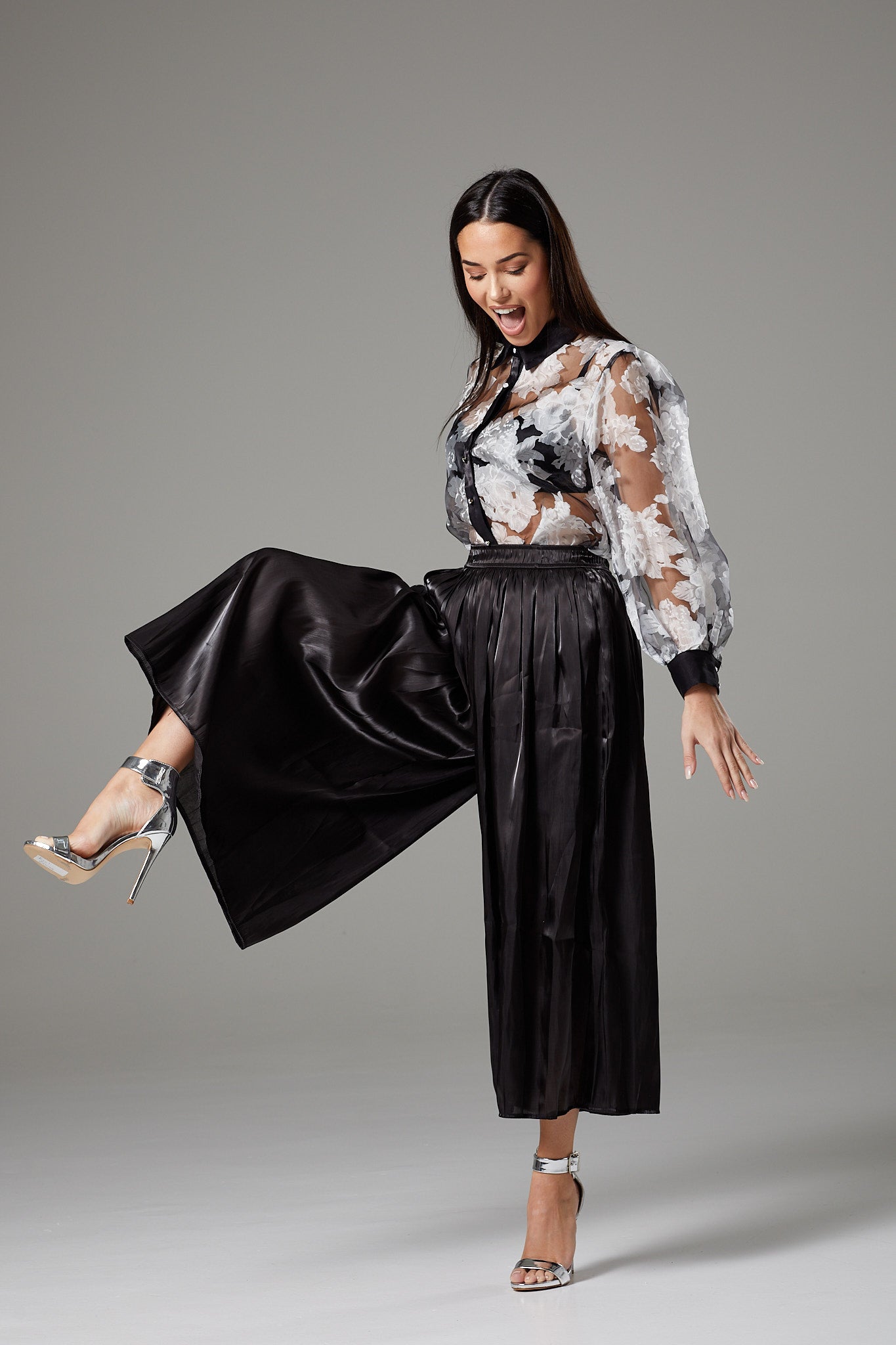 Shiny Black Wide Leg Cropped Culottes