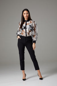 Sheer Black & White Flower Pattern Wide Sleeve Blouse