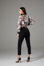 Load image into Gallery viewer, Sheer Black &amp; White Flower Pattern Wide Sleeve Blouse
