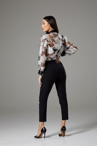 Sheer Black & White Flower Pattern Wide Sleeve Blouse