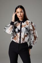 Load image into Gallery viewer, Sheer Black &amp; White Flower Pattern Wide Sleeve Blouse
