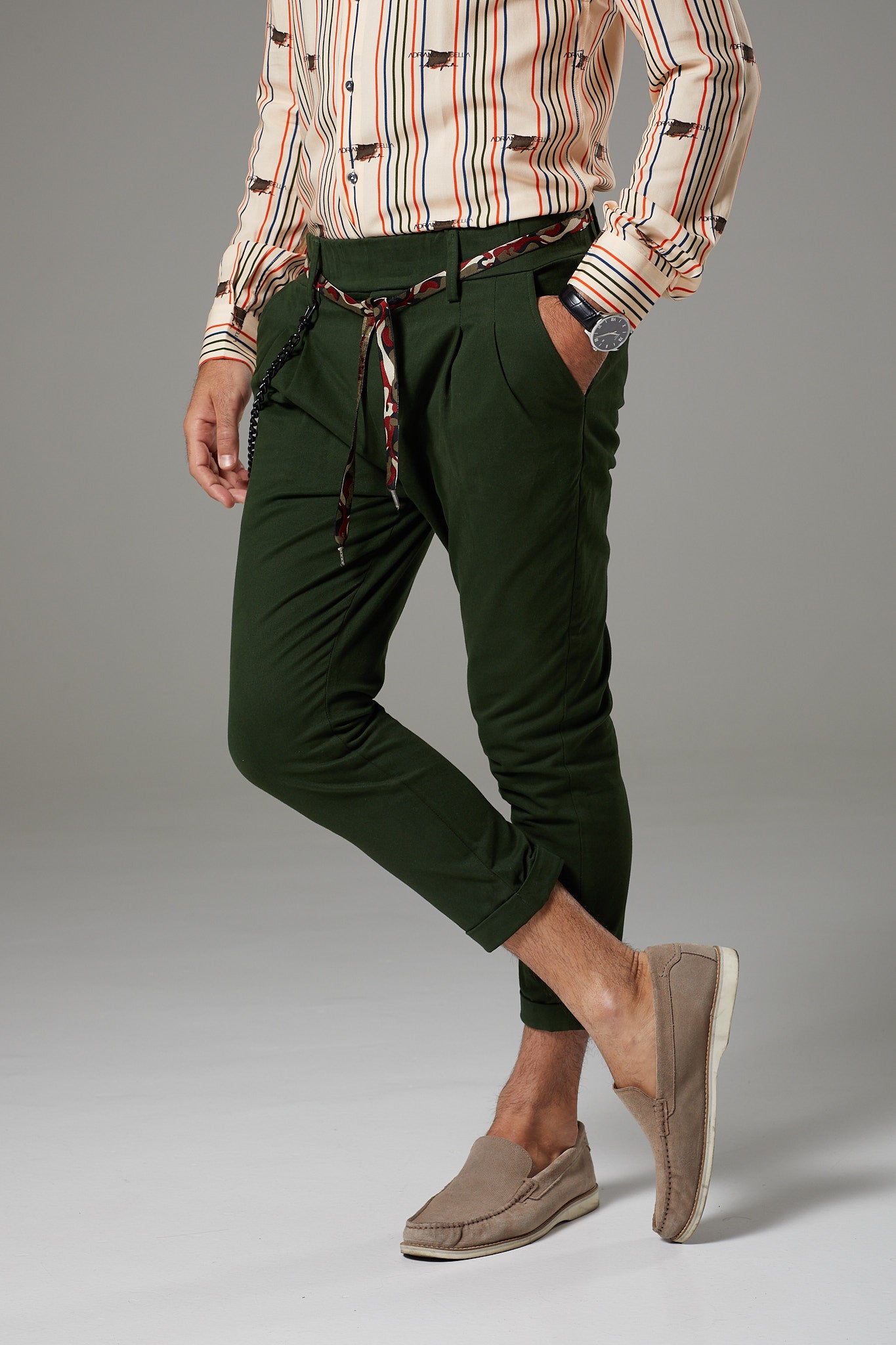 Premium Italian Style Dark Green Chinos with Tie Belt