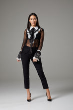 Load image into Gallery viewer, Black &amp; White Lace Flare Sleeve Romantic Blouse
