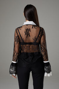 Black & White Lace Flare Sleeve Romantic Blouse
