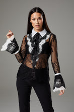 Load image into Gallery viewer, Black &amp; White Lace Flare Sleeve Romantic Blouse

