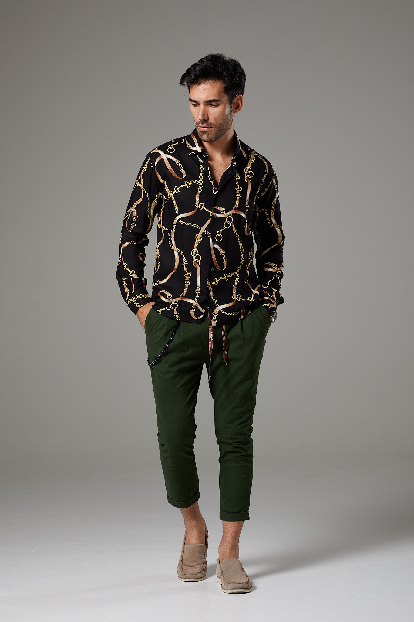 Premium Black Fantasy Shirt Straps and Chains Pattern