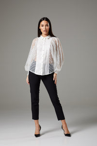 White Lace Batwing Sleeve Blouse with Collar