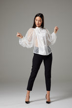Load image into Gallery viewer, White Lace Batwing Sleeve Blouse with Collar
