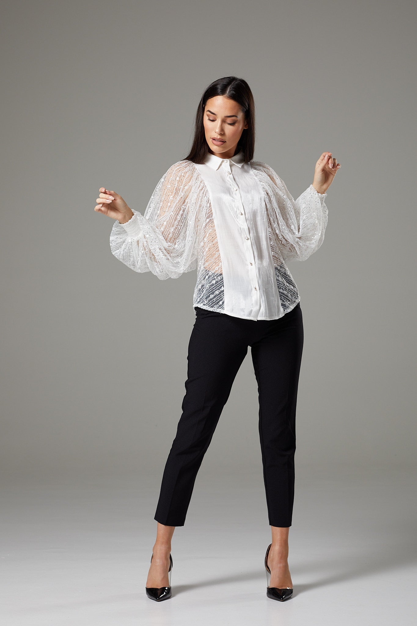 White Lace Batwing Sleeve Blouse with Collar