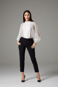 White Lace Batwing Sleeve Blouse with Collar