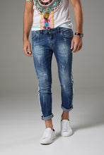 Load image into Gallery viewer, Italian Style Distressed Blue Jeans with White Paint Accents
