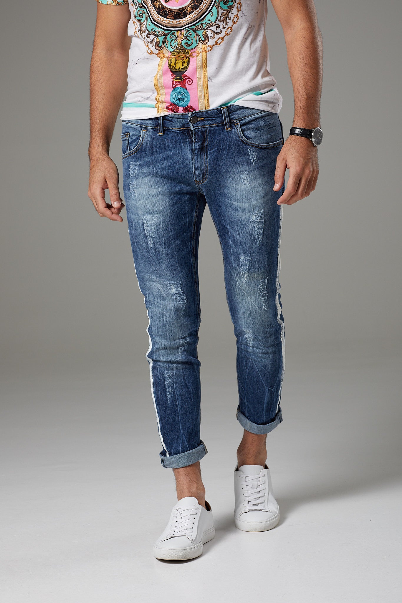 Italian Style Distressed Blue Jeans with White Paint Accents