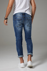 Italian Style Distressed Blue Jeans with White Paint Accents