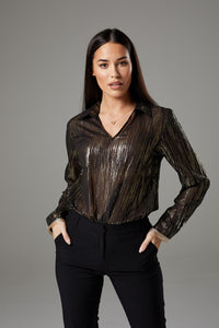 Long Sleeve Sparkly Gold Blouse with Ribbon
