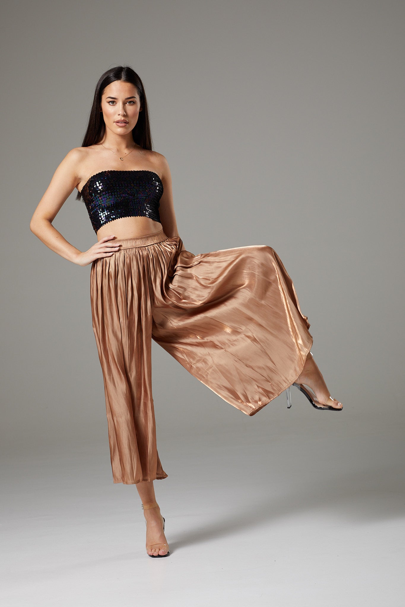 Shiny Beige Wide Leg Cropped Culottes